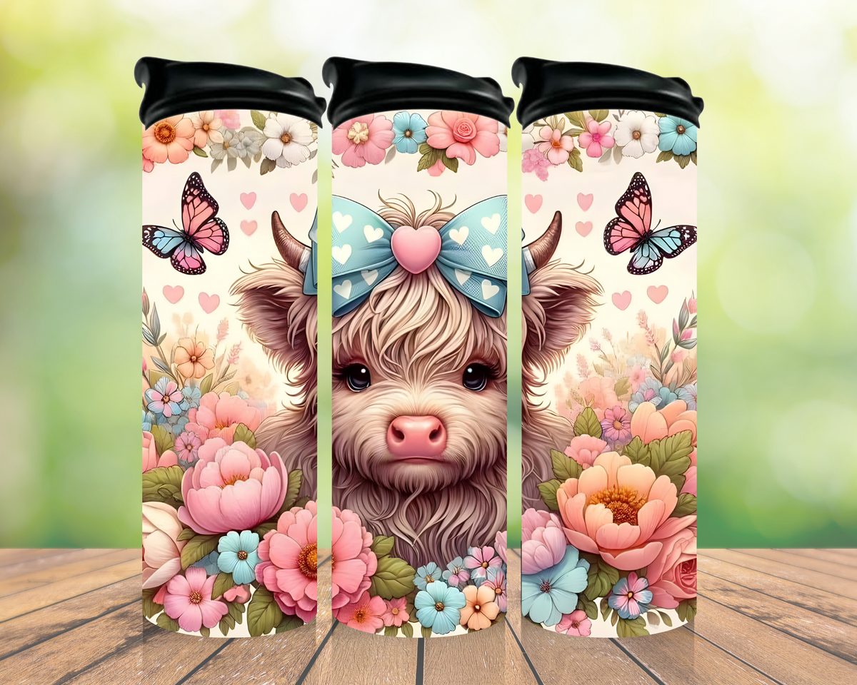 Pastel floral Highland cow 20oz tumbler