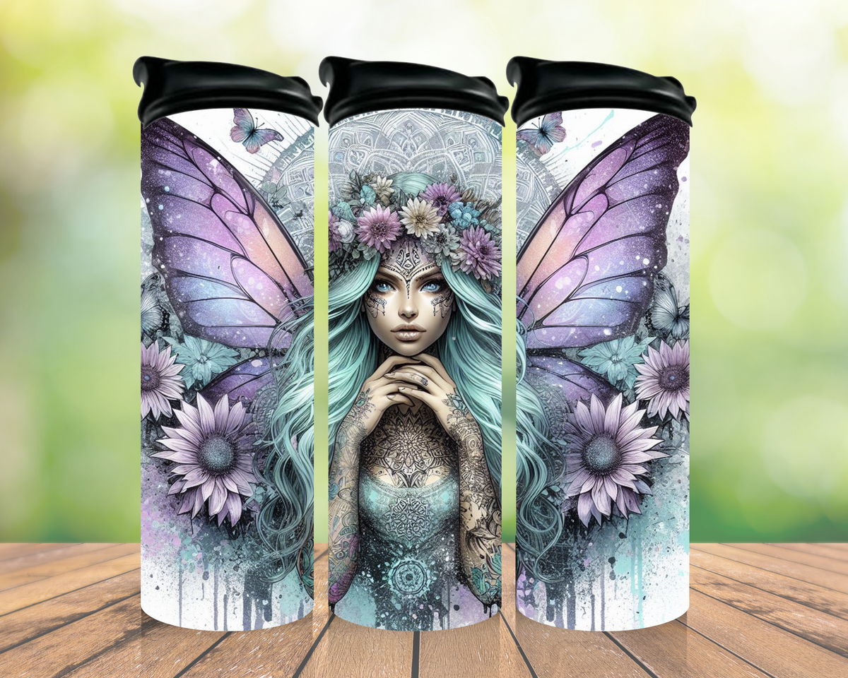 Purple winged fairy and floral 20oz tumbler design